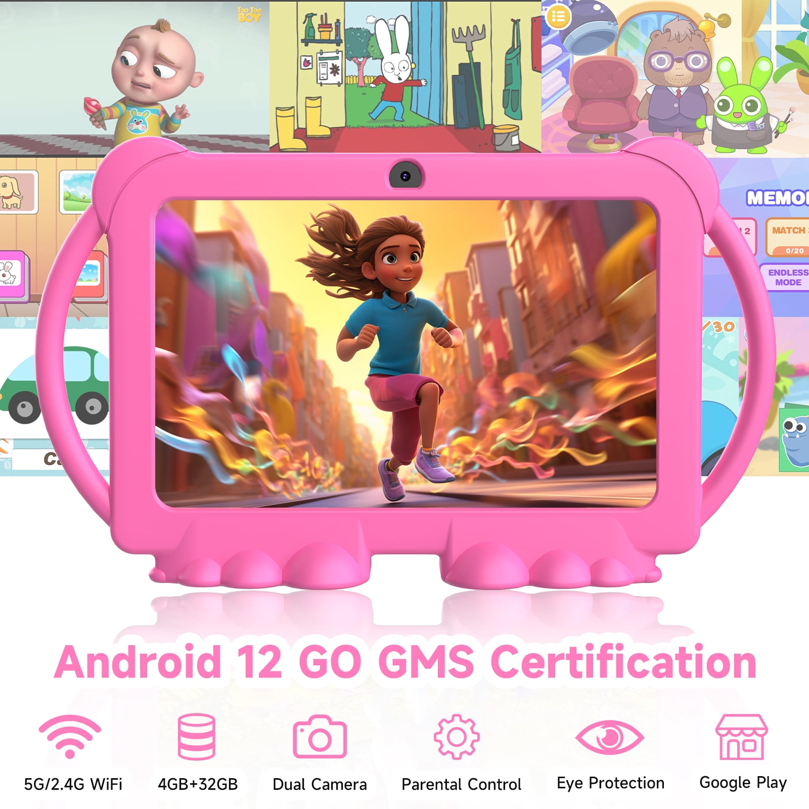 2024 Kids Tablet, Android 12 Tablet for Kids 7 inch, 4+32GB ROM(1TB Expand) Pink