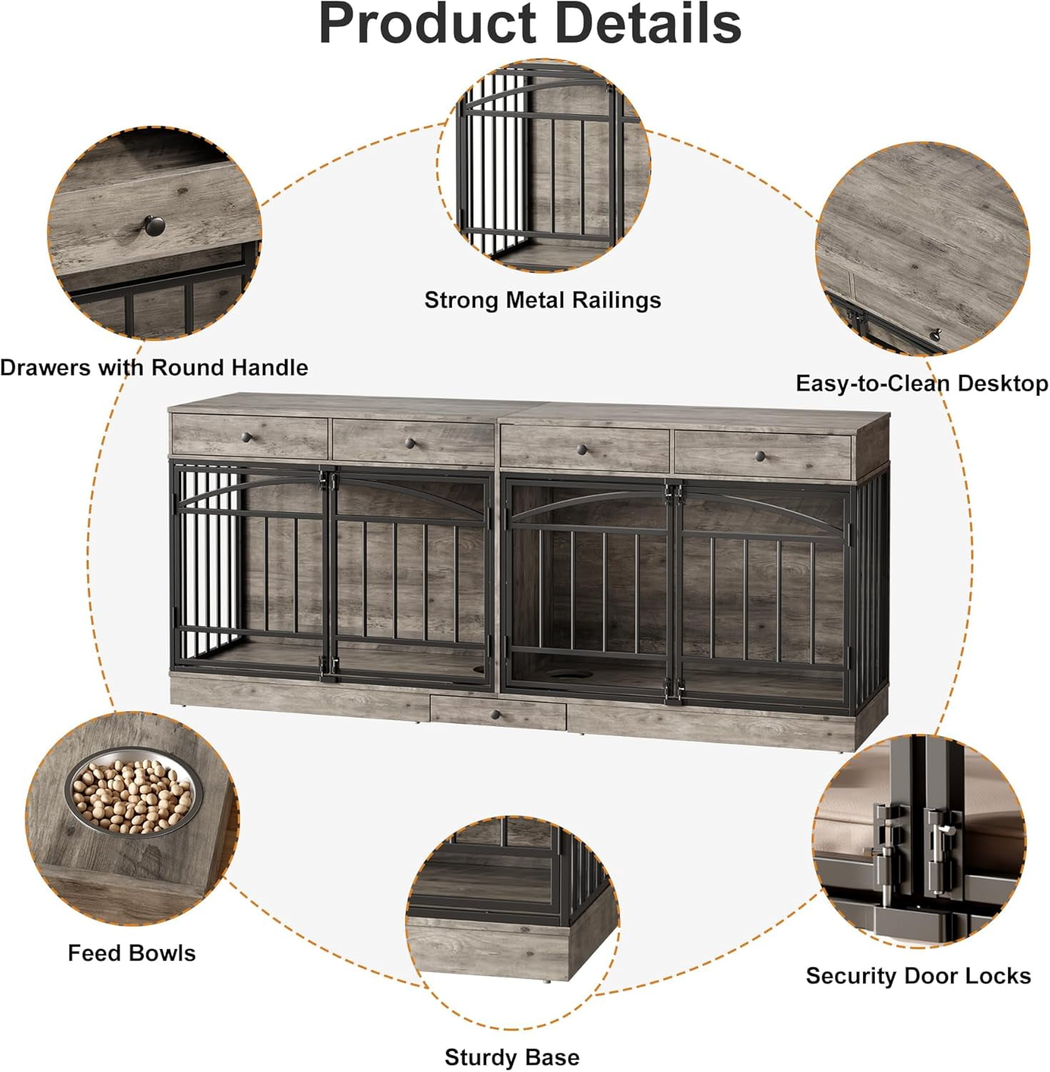 Dog Crate Furniture for 2 Dogs, Dog Kennel Indoor with 4 Storage Drawers and Feeding Bowls, Double Dog Crate TV Stand for Small Medium Dogs, Grey