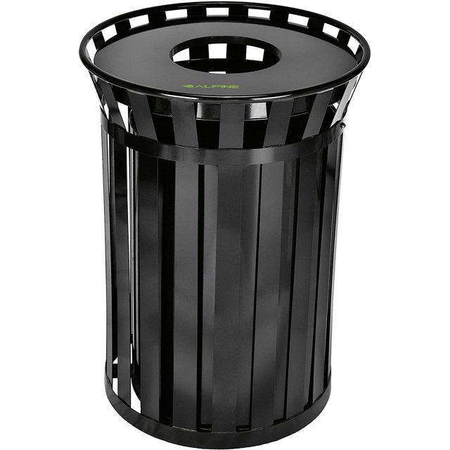 Alpine Industries 38 Gal. Black Metal Slatted Outdoor Commercial Trash Can Receptacle