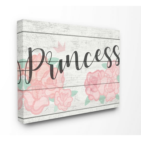 The Kids Room By Stupell Pink Roses Princess with Crown Planked Look Sign Canvas Wall Art