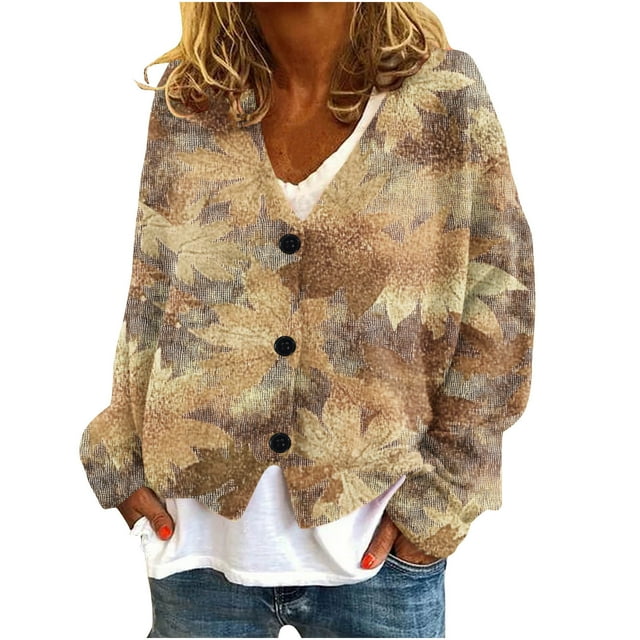 WRKEKC Maple Leaf Print French Wool Plush Jacket Button Front Fall Winter Soft Coat with Pockets for Coffee Run and Seasonal Style Beige 3XL