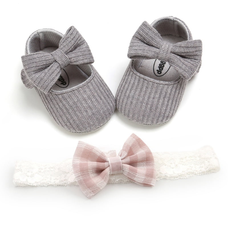 2pcs/Set Baby Girl Princess Mary Jane Flats Soft Toddler Infant Wedding Dresses Shoes with Headband 