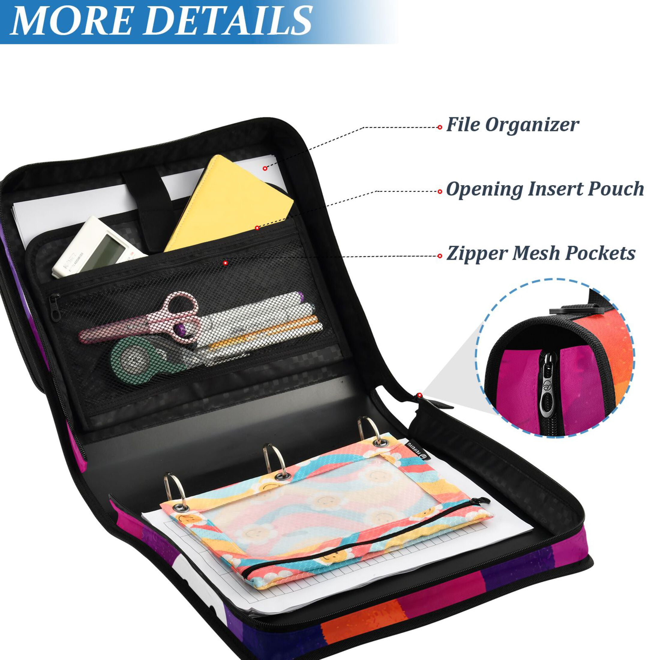 3 Ring Zipper Binder with Shoulder Strap Waterproof Trapper Keeper 2 Inch D-Ring 500 Sheets Capacity Cute Ghost on Checkered