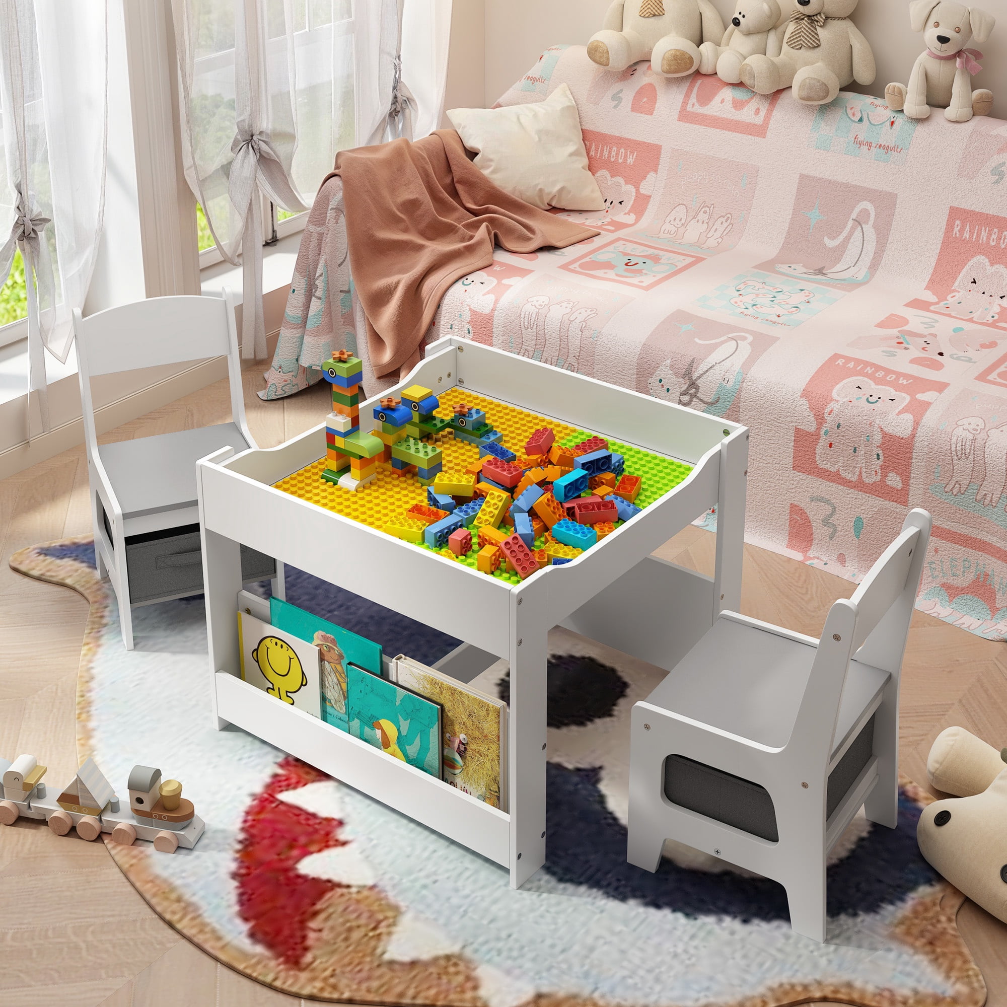 Asofer 4-in-1 Kids Table and Chair Set, Bookshelves and Storage Drawer for Drawing Playing Studying Eating, White & Gray