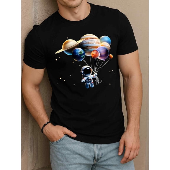 Greenink Space Balloons Astronaut T-Shirt Mens t-shirt black funny summer t shirts For summer Fall Hip-hop streetwear Trendy Unisex Shirt Printed tshirts