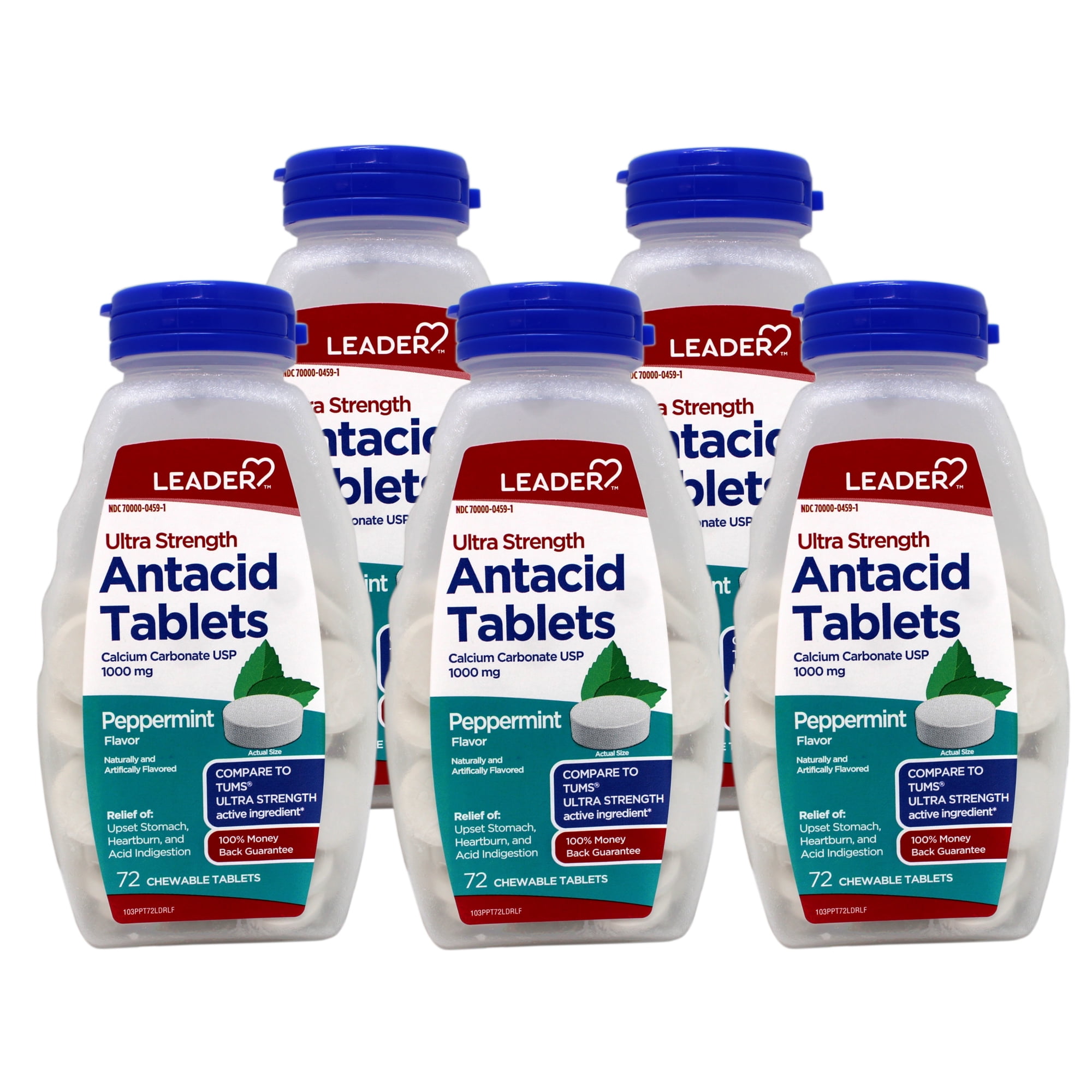5 Pack - Leader Antacid Ultra Strength Chewable, Fast Heartburn & Indigestion Relief, Acid Reflux, Upset Stomach, Calcium Carbonate 1000mg, Peppermint, 72 Count