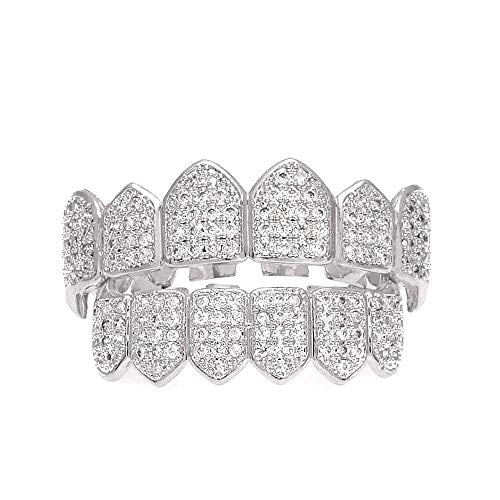 Iced Out Diamond Teeth Grillz for Men Women,Hip Hop Silver Gold Grills for your teeth Top and Bottom,Rapper Costume Mouth Grillz with Silicone Molding Bars