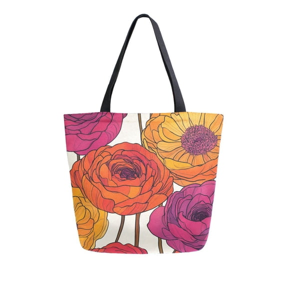FORMRS Womens Canvas Tote Bag with Zipper Inner Pocket Shoulder Handbag, Purple Hand Drawn Floral