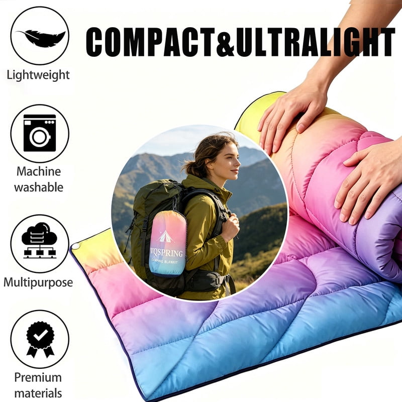 Outdoor Waterproof Blanket Sleeping Bag Alternative - 79"x55" Packable Camping Quilt with Snaps & Compression Sack, Colorful Lightweight Travel Stadium Blanket for Hiking, Picnic, All Season Camping
