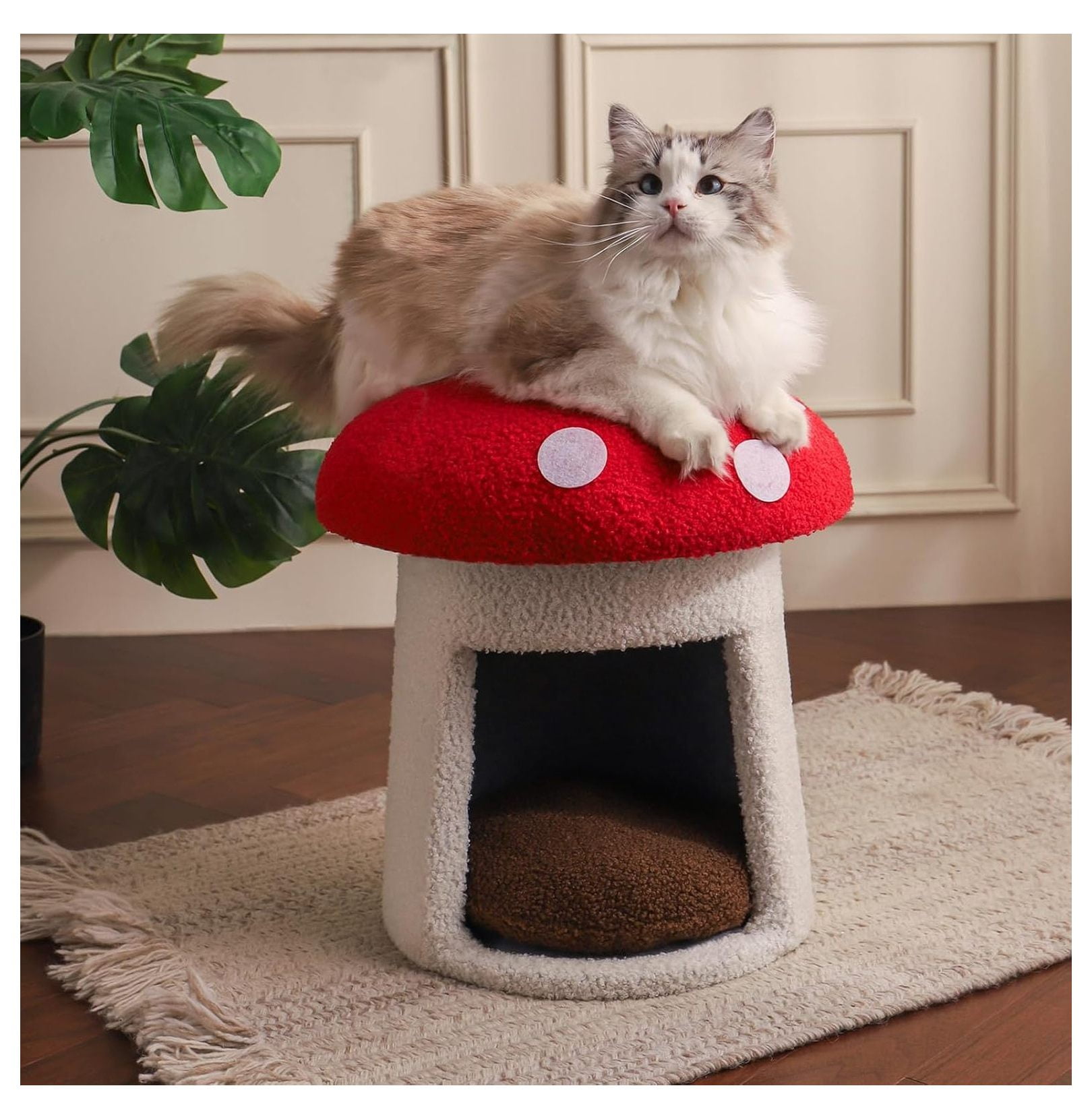 Mushroom Cat Bed for Indoor Cats, Cow Cat Cave - Soft Plush Pet House with Removable Cushion