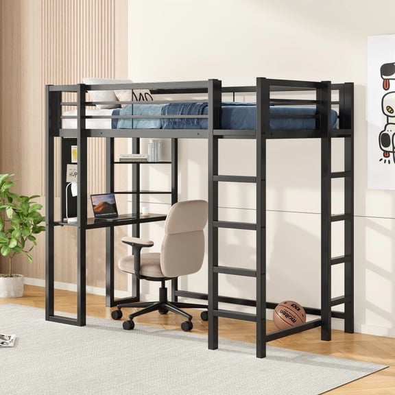 Black Twin Size Metal Loft Bed (Built-In Desk 2 Triangular Shelves, 59” Under-Bed Clearance, Guard Rails for Teens/Boys/Girls)