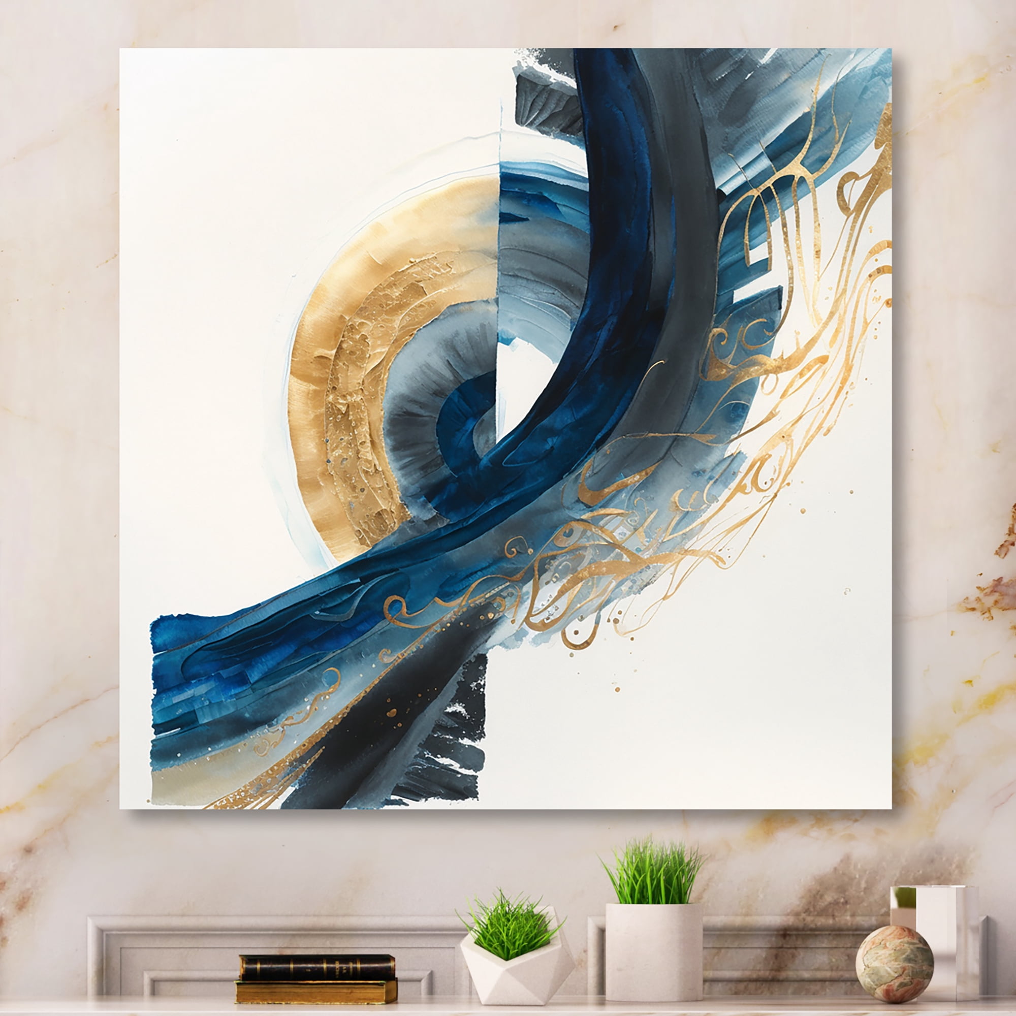 Designart Blue And Gold Swirl Abstract VI Canvas Wall Art