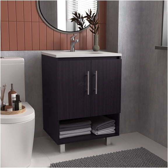 JERFIT 36 Inch Bathroom Vanity with Sink, 2 Door 4 Shelf Storage Cabinet, Black Engineered Wood