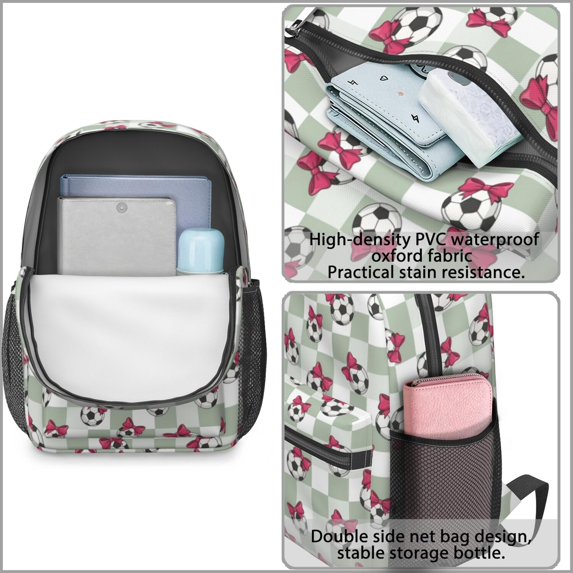 Football and Bow Beige Pattern 17" Waterproof Oxford School Backpacks for Teens, S-Shape Padded Straps, for School, Travel, Hiking, Camping