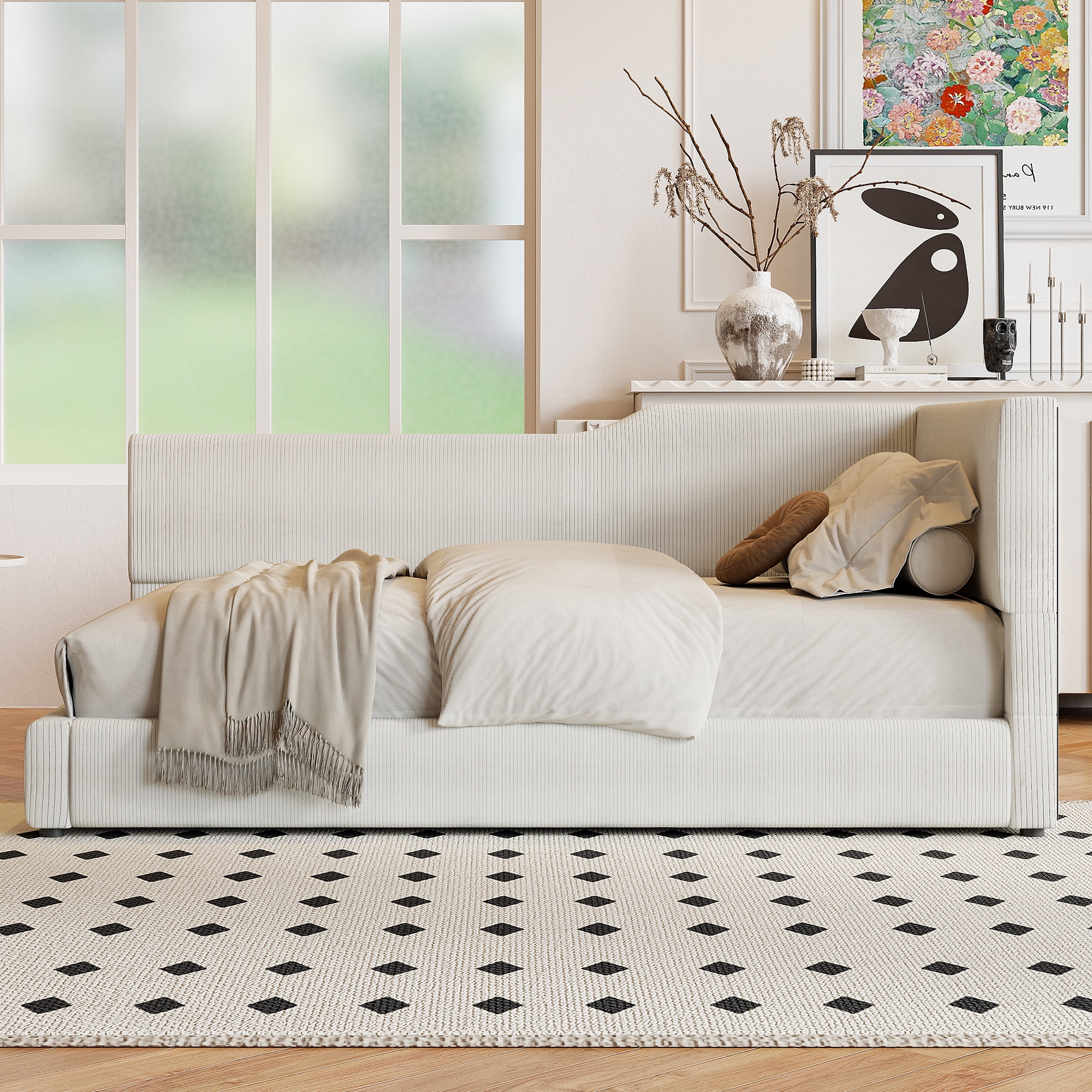 Euroco Twin Size Wood Daybed Platform Bed with Headboard for Bedroom, Beige
