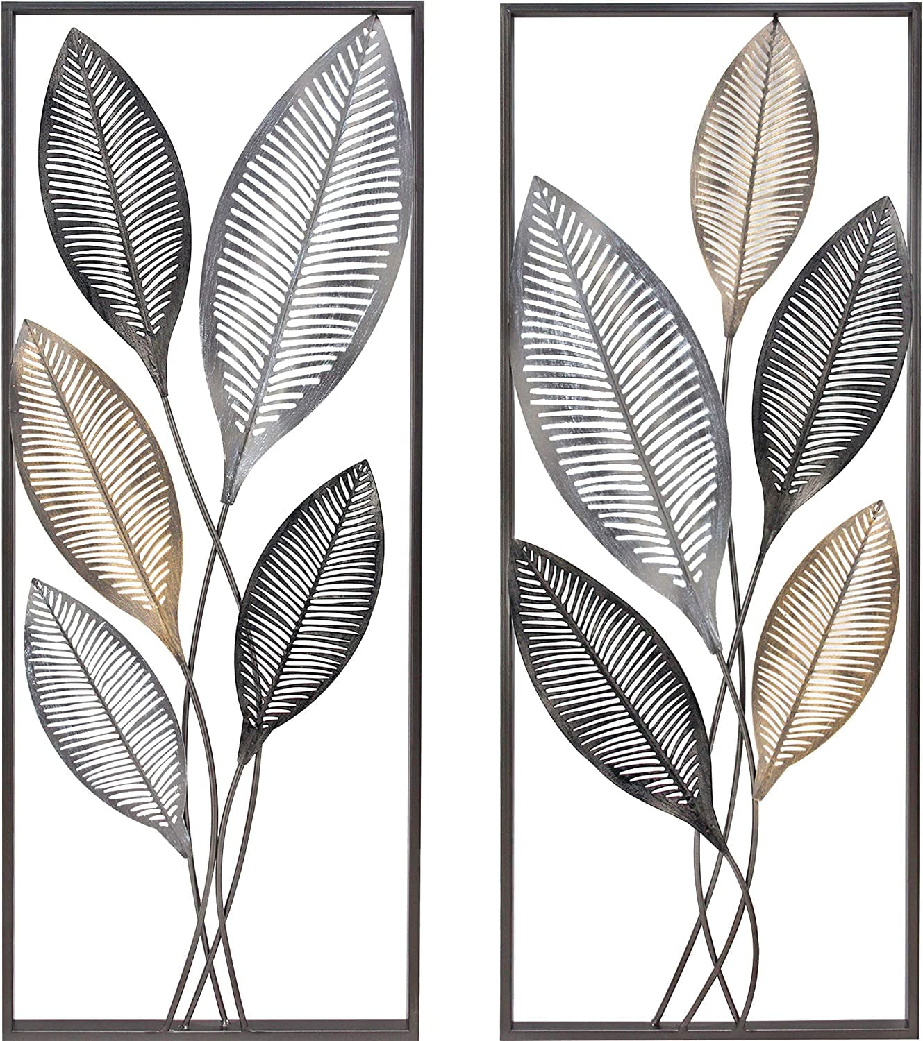 Silver Metallic Leaves Wall Decor 2Piece Set for Living Room, Bedroom, Home Office, Metal Art