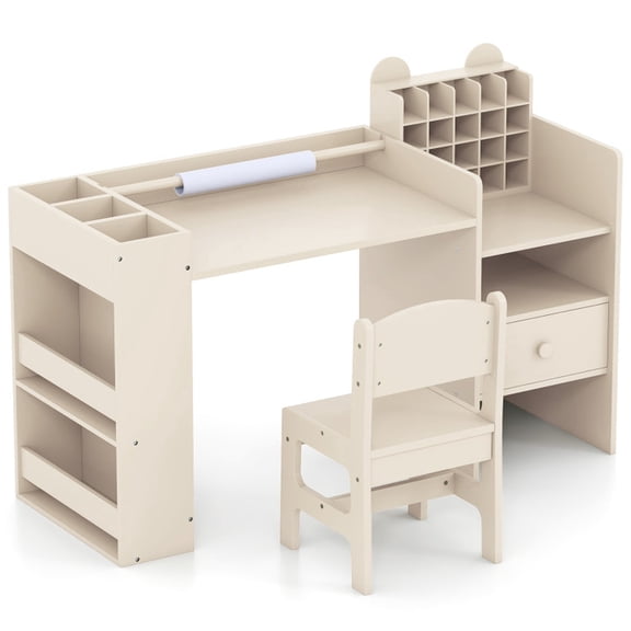 Furnibear Kids Table and Chair Set Toddler Art Table Set with Detachable Paper Roll Holder and Storage Cabinet for Playroom and Kids Playroom Furniture, Natural