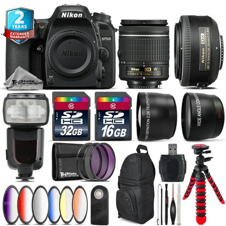 nikon d7500 dslr camera + af-p 18-55mm vr + 35mm f/1.8 + pro flash - 48gb kit