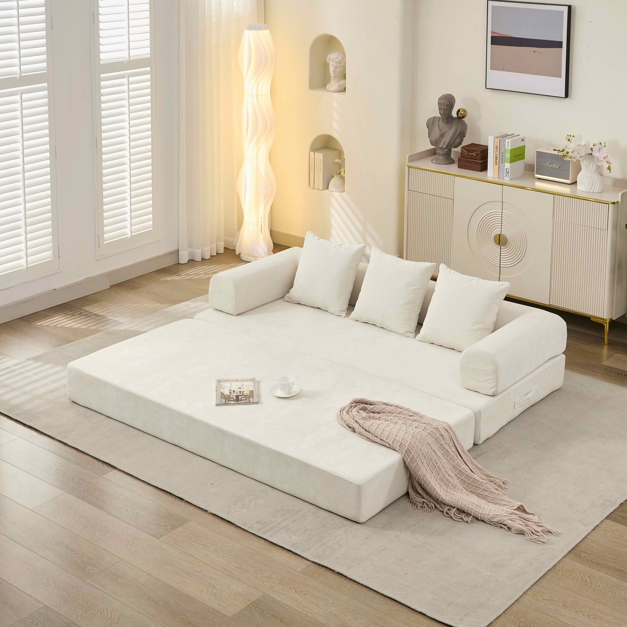 MAYEERTY Chenille Convertible Floor Sofa Bed, 78.8 Inch Folding Modular Lounge Couch with Armrest for Studio Bedroom Small Apartment