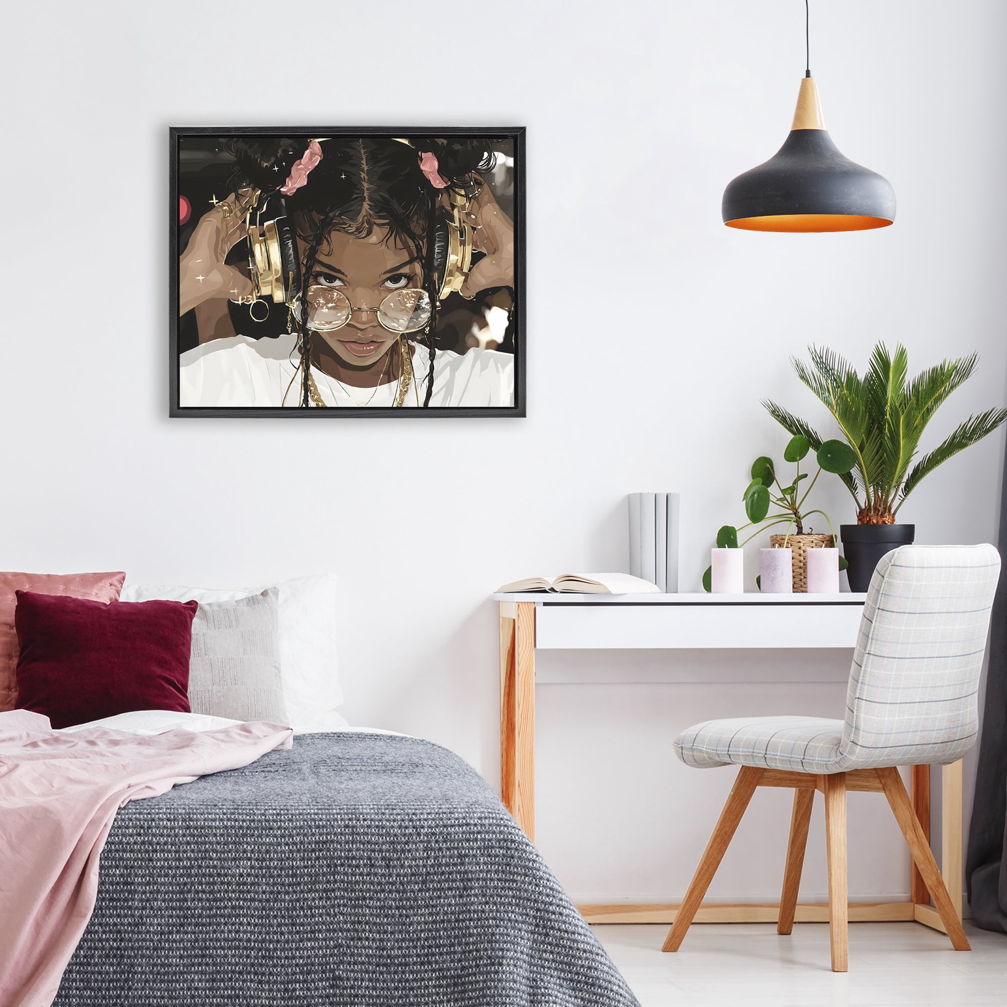 Stupell Industries Trendy Girl with Gold Headphones Black Framed Floater Canvas Wall Art, design by Franklyn Gregory