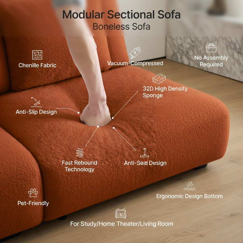 Hommoo Teddy Fleece 2-Seat Modular Sofa Set in Vibrant, Cloud-Like Double-Layer Cushions, Curved Backrest & Armrests, Includes 2 Movable Ottomans & Lumbar Pillows, Orange