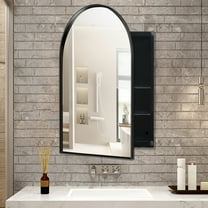 24x36 Inch Arched Recessed Cabinet For Bathroom, Matte Black Metal Frame With Mirror And Adjustable Shelves, Design Framed Bathroom Storage Cabinet, Recessed, Shelf Feature