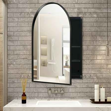 24x36 Inch Arched Recessed Cabinet For Bathroom, Matte Black Metal Frame With Mirror And Adjustable Shelves, Design Framed Bathroom Storage Cabinet, Recessed, Shelf Feature