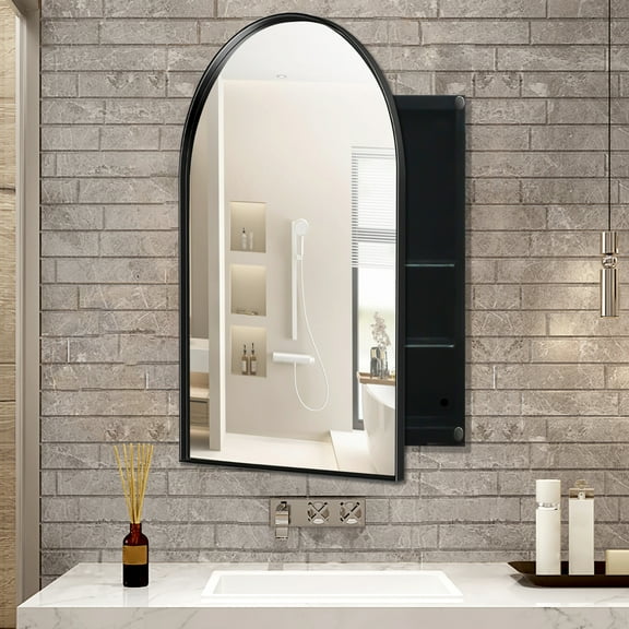 24x36 Inch Arched Recessed Cabinet For Bathroom, Matte Black Metal Frame With Mirror And Adjustable Shelves, Design Framed Bathroom Storage Cabinet, Recessed, Shelf Feature