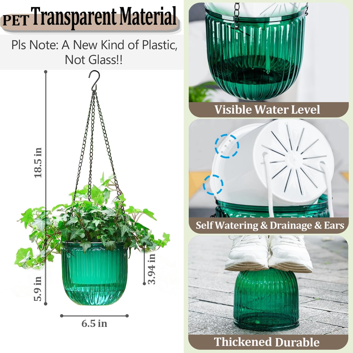 2 Pack Self Watering Hanging Planters Indoor Flower Pots, 6.5 Inch Outdoor Hanging Basket, Plant Hanger with Hooks Drainage Holes for Garden Home