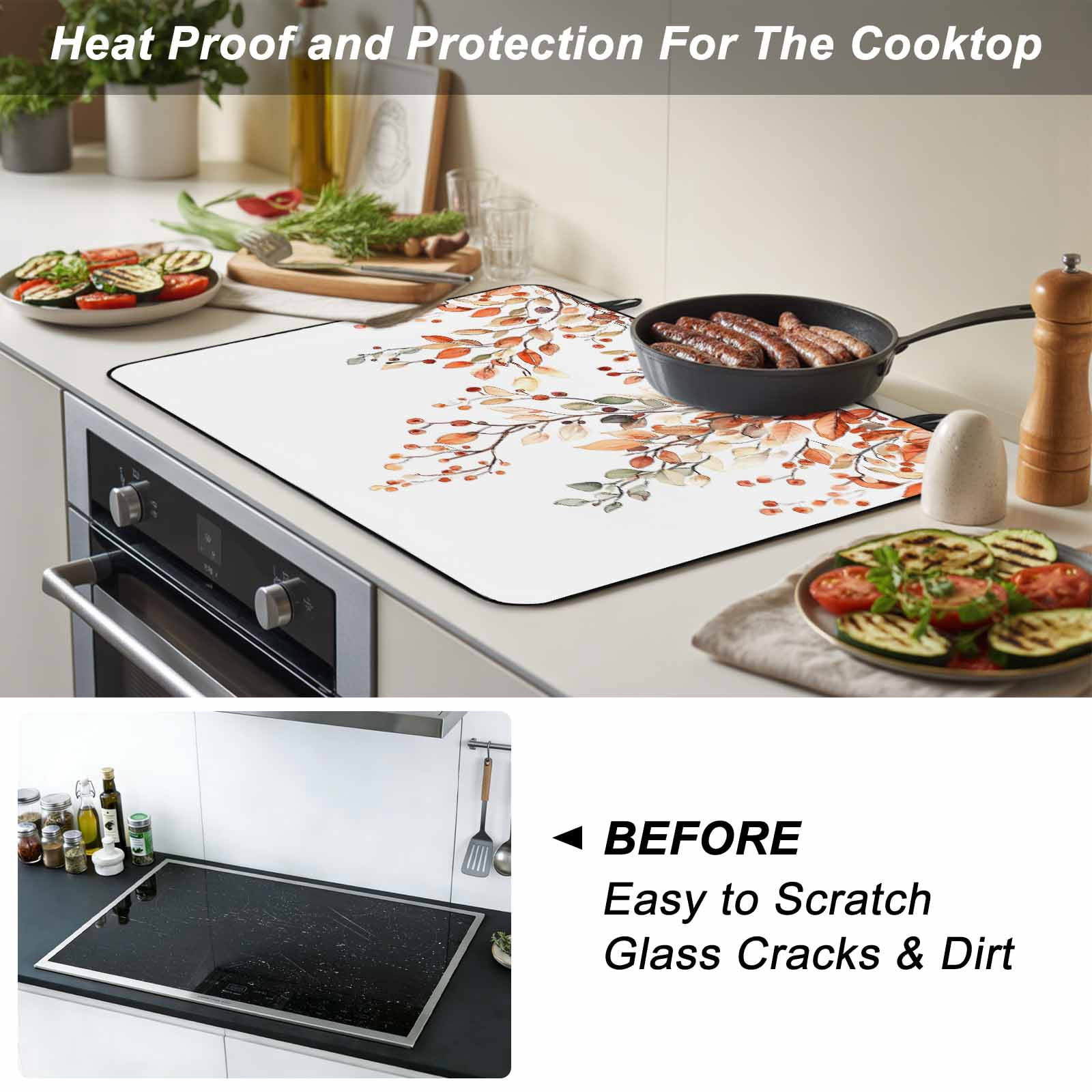 Fall Leaves Stove Top Cover for Electric Stove, Heat-proof & Non Slip Glass Top Stove Cover Protector, Farmhouse Orange Eucalyptus Leaf Floral Kitchen Flat Cooktop Rubber Mat 24x21 Inches