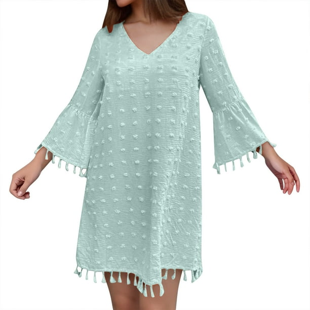 Vestido mini de verano de gasa con cuello en V y manga corta para mujer - Vestido informal ligero y fluido para mujer - S-XXL