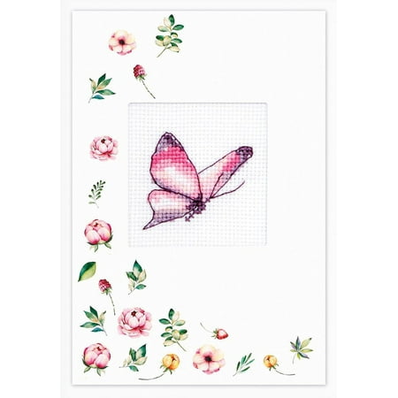 UPC: 4840746043772 | Cross Stitch Kit Post Card With SP-103 Needlework By Luca-S Pink Butterfly Easy Flowers