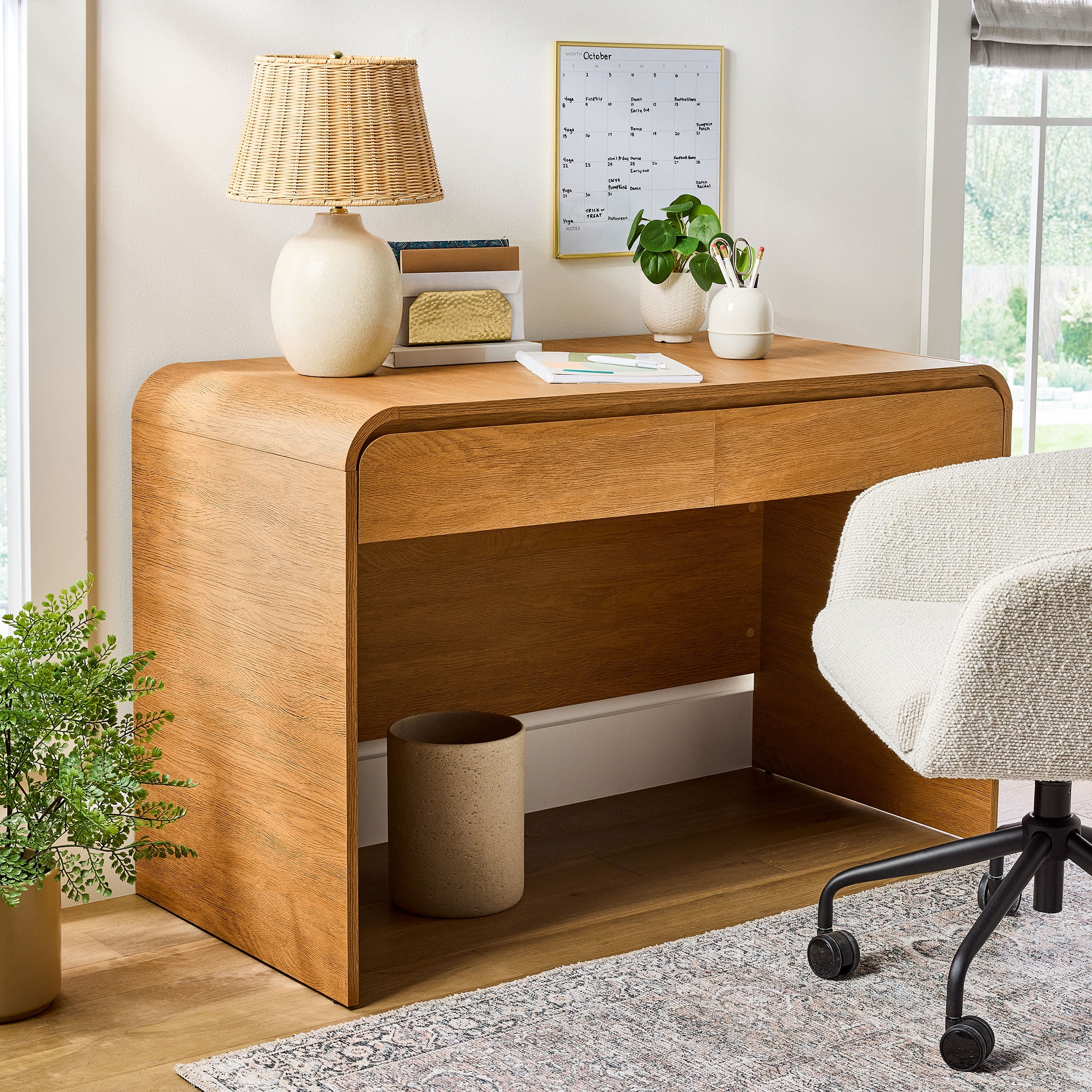 Better Homes & Gardens Juliet Curved Desk with Storage, Light Honey Finish