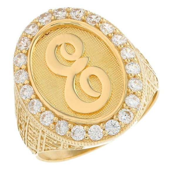 JackAni 10k Yellow Gold Mens Oval Halo White CZ Initial Letter E Ring - Size 7.75