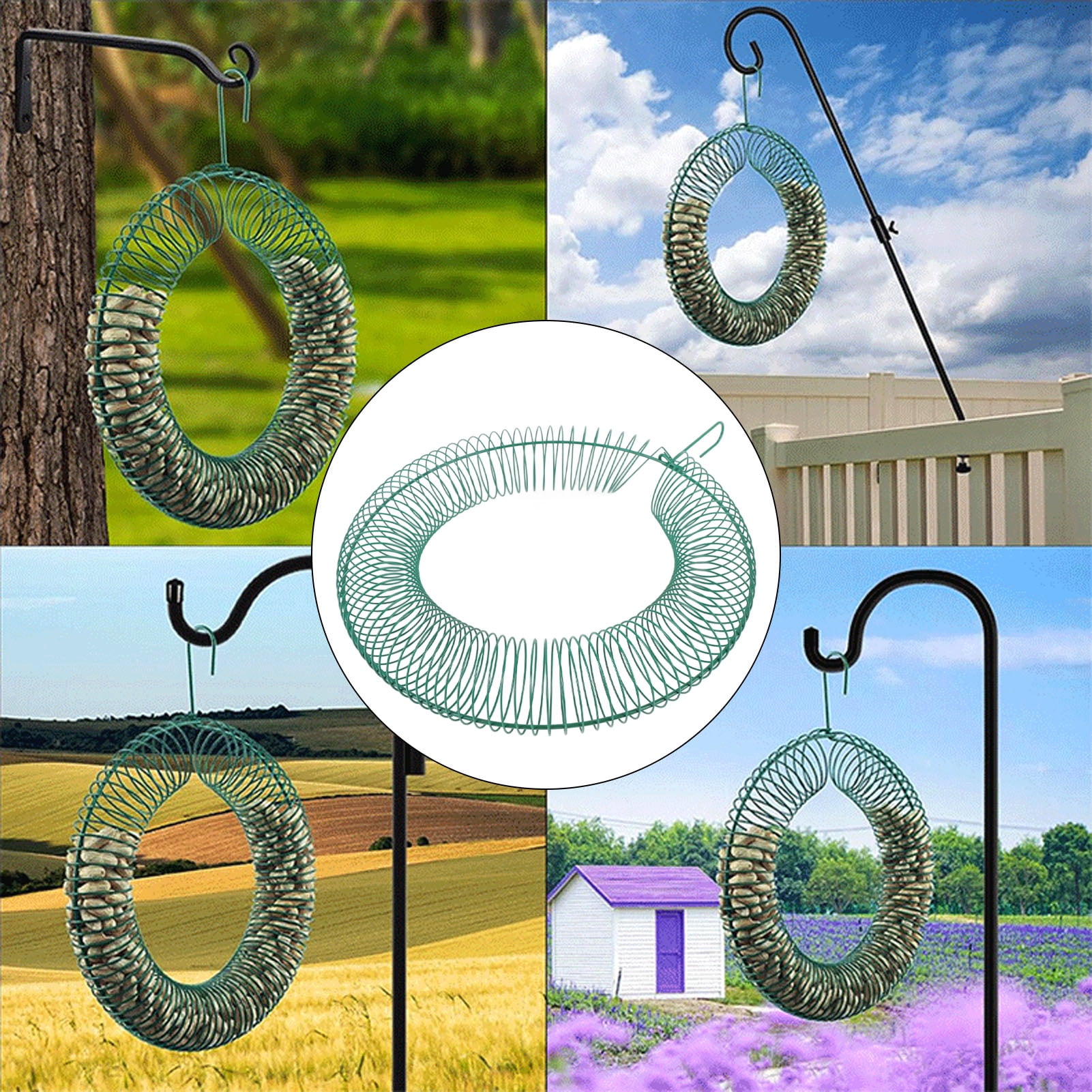 BOKYAN Hanging Wreath Bird Feeder Carbon Steel Large Capacity Portable Peanut Bird Feeder with Hanging Hook for Garden Outdoor Green 16.9 inches / 43 cm