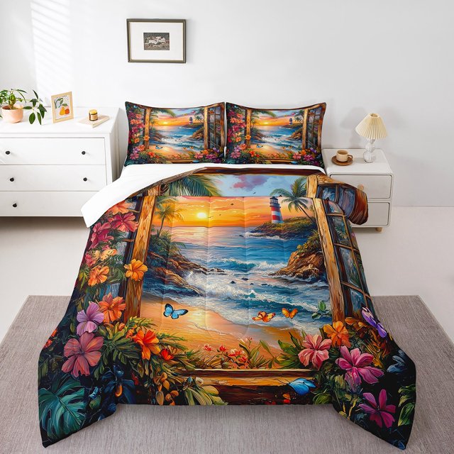 Erosebridal Sunset Flower Lighthouse Bedding King Comforter Set,Butterfly Ocean Wave Beach Bedding Sets King with Comforter,Sea Decor,Lightweight,3 Pieces