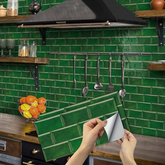 6Pcs Green Marbling Tile Stickers 11.8x5.9inch Kitchen Backsplash Mosaic Brick Wall Decals Self Adhesive Removable Vinyl Peel and Stick Wallpaper