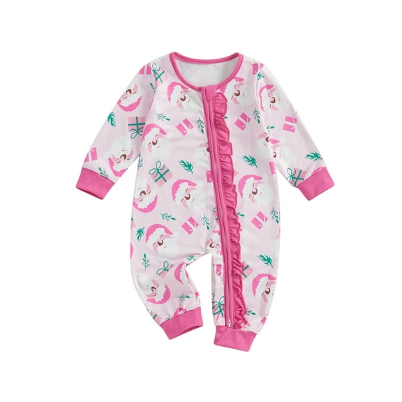 Suealasg Christmas Baby Girl Footies Pajamas Long Sleeve Rompers Santa Claus Print Zip Up Full Length Jumpsuit 3 6 12 18 Months Newborn Girls Fall Coming Home Clothes