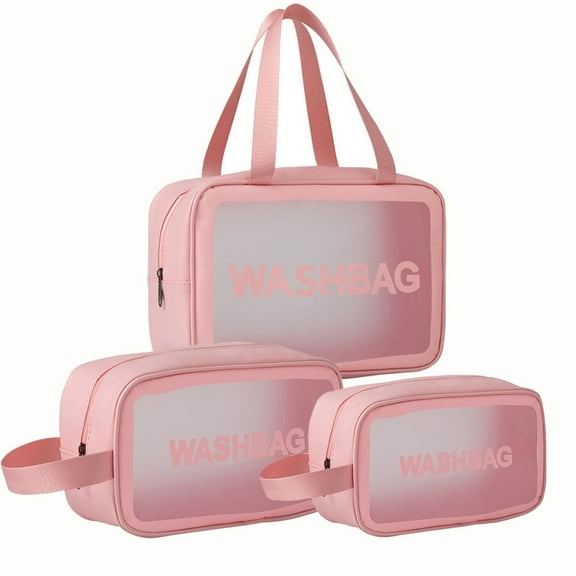 Futoo PVC Pink Transparent Travel Makeup Bag with 3-Piece Set