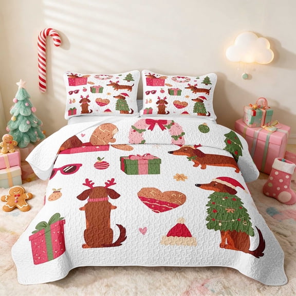 Manfei Dog Twin Quilt Set Christmas Twin Coverlet Set, Coral White 2 Pieces 1 Bedspread and 1 Pillowcase