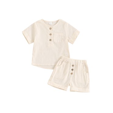 EYIIYE Ensemble de Shorts Décontractés pour Garçons 6M 12M 18M 2T 3T 4T T-Shirts à Col Rond pour Bébé Manches Courtes Boutonnage Simple Shorts Doux Couleur Unie Tenues Confortables pour Tous les Jours
