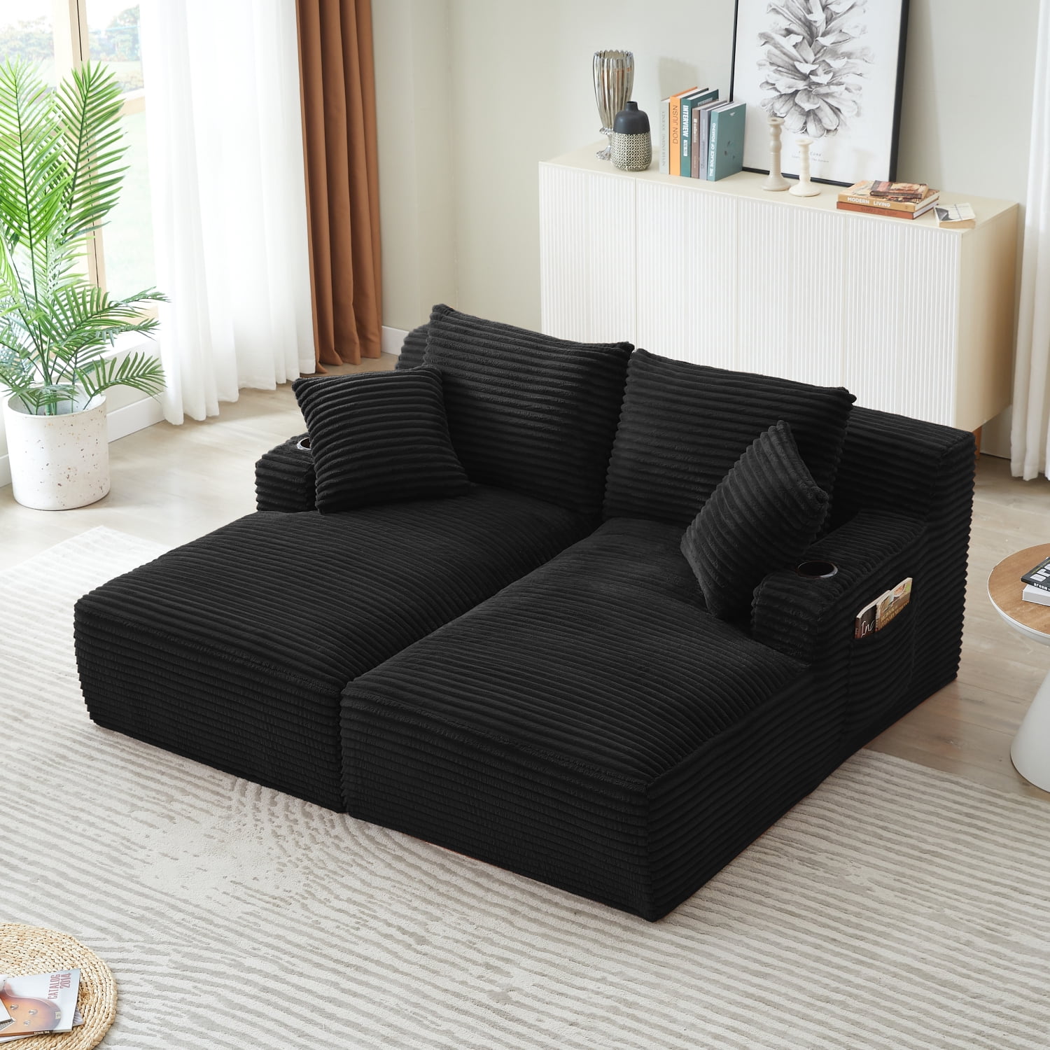Lisonu Black Corduroy Double Chaise Sleeper Loveseat with Cupholders — No Assembly, Compressed Expandable Sofa with Spring Padding, Plush Modern Fluffy 2-Seat for Living Room & Bedroom