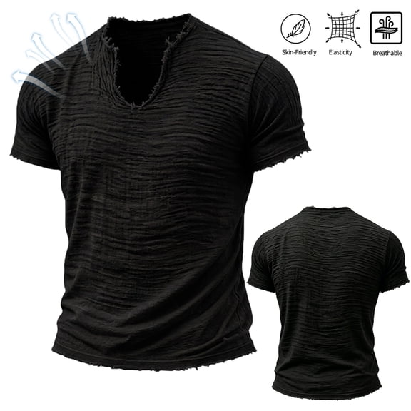 Homeyce Men's Raw Edge Cotton Linen Short Sleeve Shirts Distressed V Neck Summer Vintage Tee Tops,Black 2XL