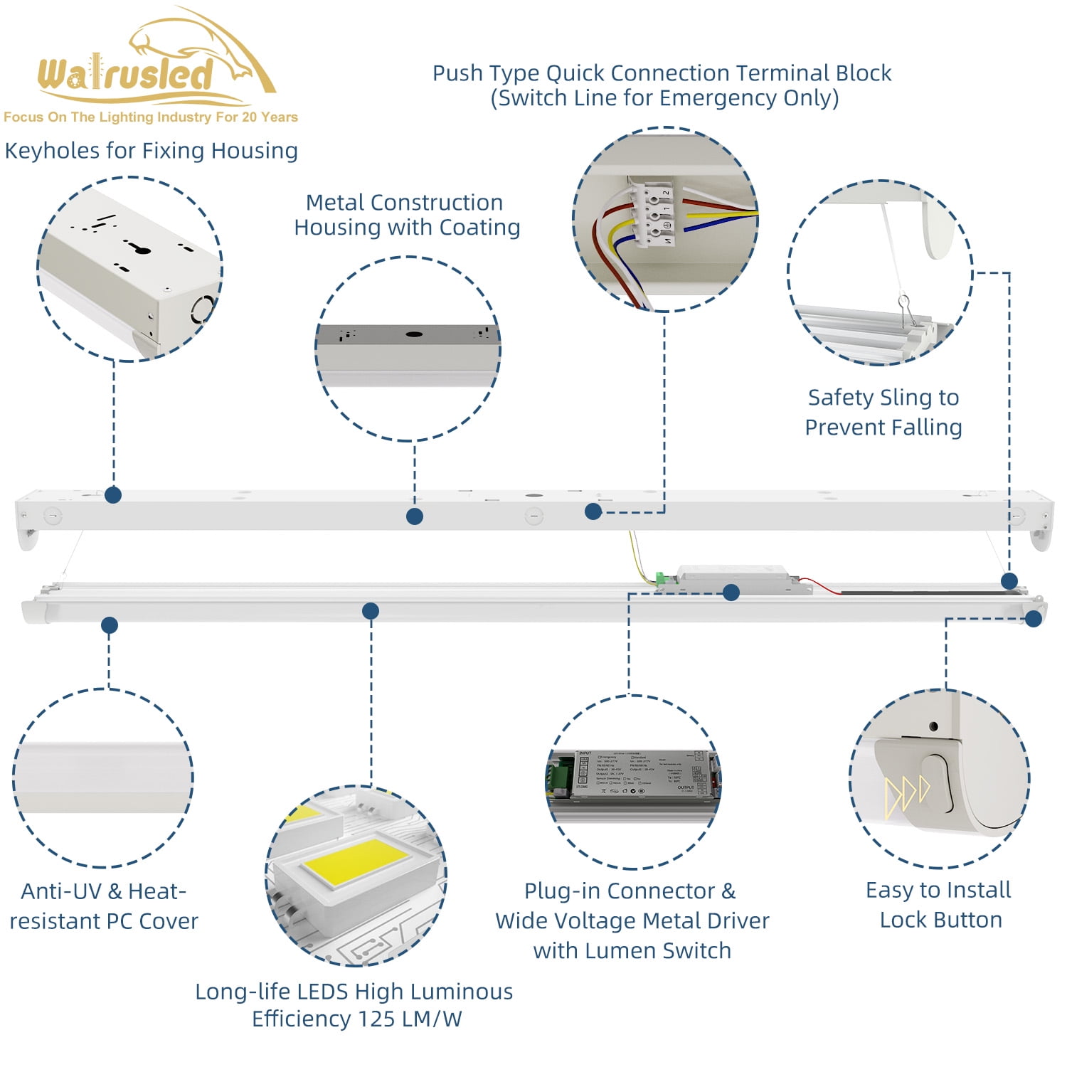 4FT LED Linear Strip Stairwell Light, 20W/40W CCT Selectable, 2500lm/5000lm 3000K/4000K/5000K, 100-277V, IP20, CRI 85, 0-10V Dimmable 4 Foot Commercial Linkable LED Shop Ceiling Light Fixture,ETL DLC