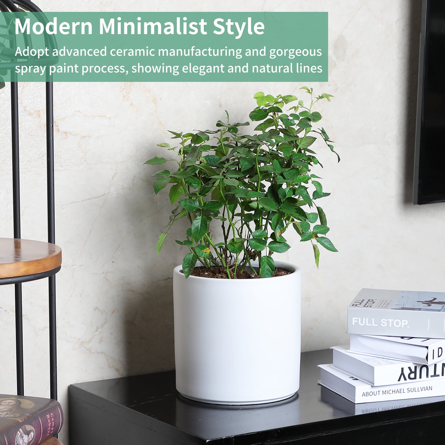 Modern 10 x 8 inch Lacquered White Stoneware Pot Planter