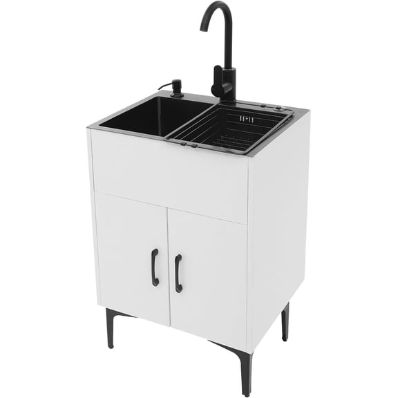 20-Inch Laundry Sink with Cabinet & 360° Swivel Hot/Cold Fauce, Freestanding Kitchen Sink Cabinet with Stainless Steel Sink & Drain Basket, White Cabinet with Sink for Laundry&Utility Room