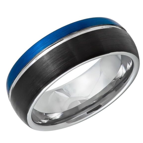Men's Women's Tungsten Wedding Band Engagement Ring 8mm Black Silver Blue Three Tone Combination Ring, SZ 14