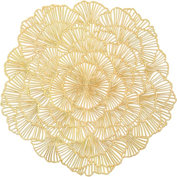 PinesC Round Gold Placemats Set of 4 Flower Tablemats Round Vinyl Place Mats Table Setting Kitchen Table Mats for Dining Table Holiday Wedding Decorative