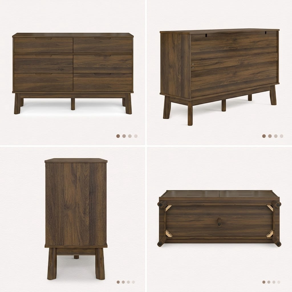 VLTALOOM  47" Wide 6-Drawer Dresser, Mid-Century Modern Wooden Double Dresser for Bedroom, Dark Walnut Wood Grain Large Horizontal Storage Chest for Living Room with Anti-Tip Kit