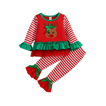 

LWXQWDS Toddler Baby Girls Christmas Clothes Elk Stripe/Snowman Dot Print Tulle Hem Long Sleeve Tops + Flare Pants Set Red Stripe 3-4 Years